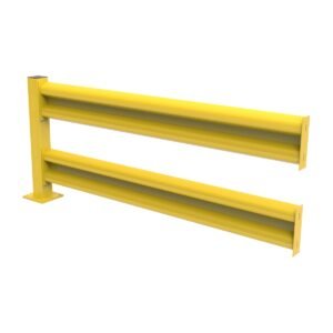 Front view of double height heavy-duty warehouse guard rail add-on kit