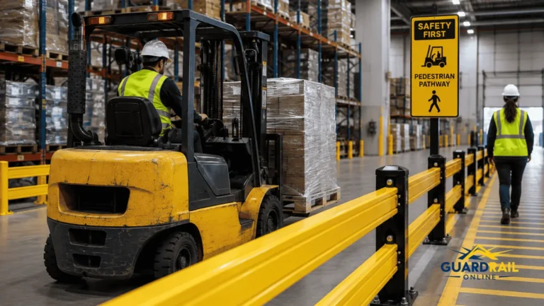 Heavy duty warehouse guardrails protecting forklift traffic and pedestrian pathways.