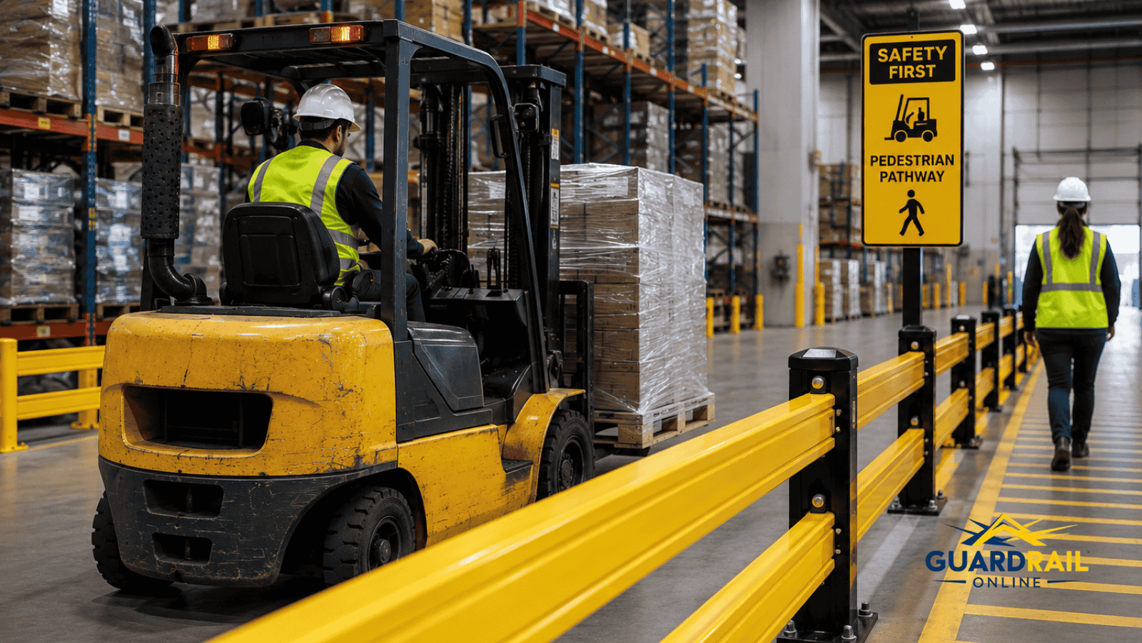 Heavy duty warehouse guardrails protecting forklift traffic and pedestrian pathways.
