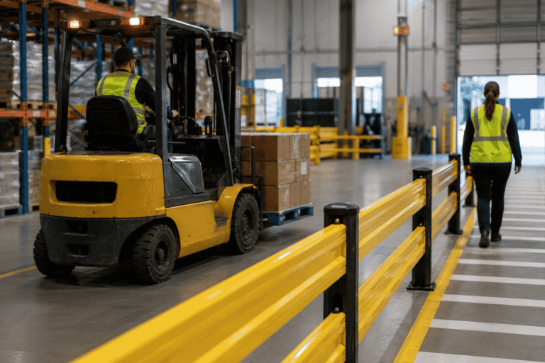 Warehouse guardrails separating forklift and pedestrian traffic zones