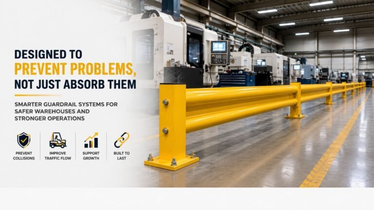 Industrial safety guardrail system installed in a warehouse to improve collision protection and workplace safety
